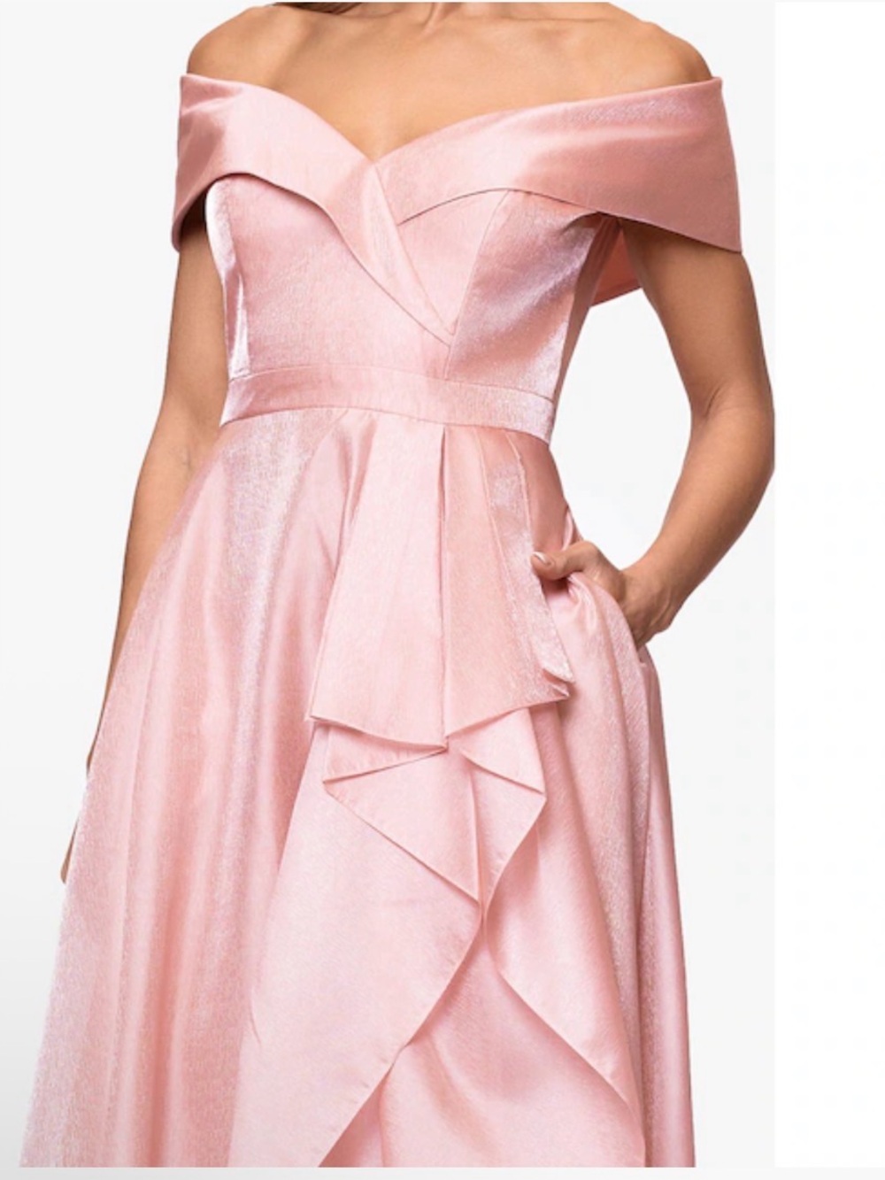 Xscape Blush Pink Off-Shoulder Satin Evening Dress